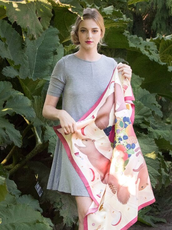 Misheo Accessories - Misheo - Squirrels Silk Scarf - Artist Designed Botanical & Wildlife Scarf